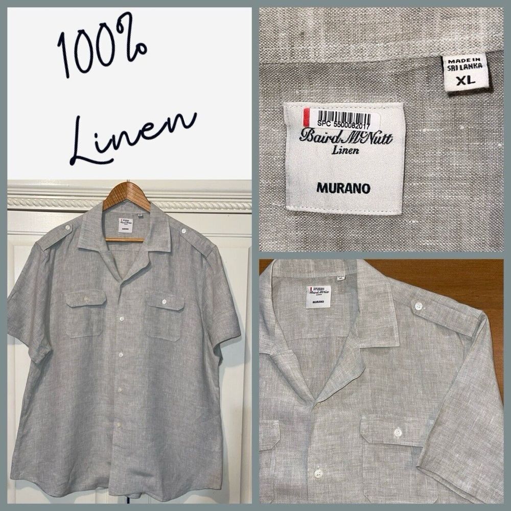 Baird McNutt Shirt Men XL Bone 100% Linen Shoulder Epaulets Pockets Short Sleeve